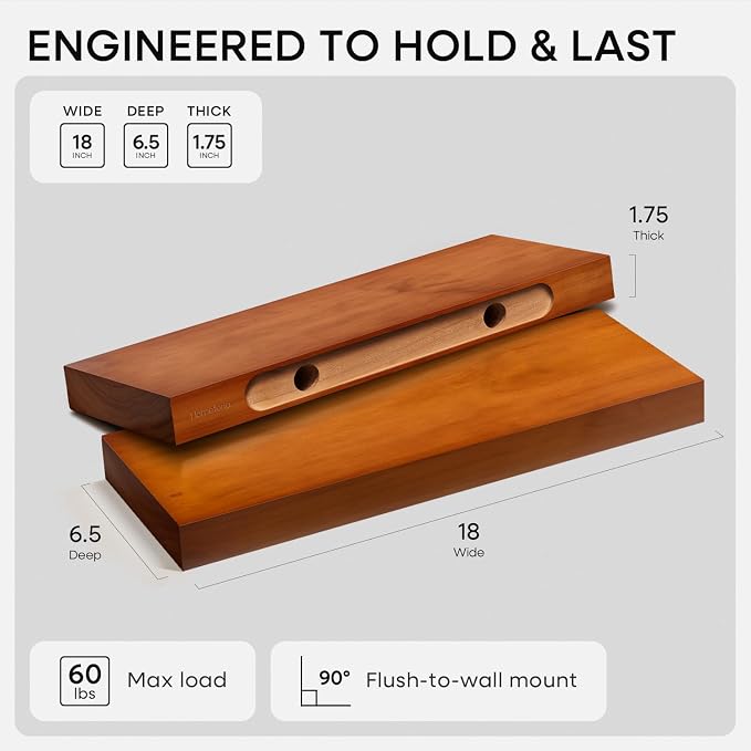 Homeforia 18 inch Floating Shelf Oak, High End Solid Real Wood 18inch Long - Image 2