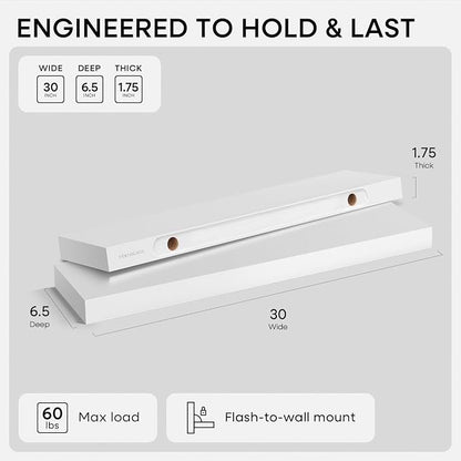 Homeforia White Floating Shelves 30 inch, High End Solid Real Wood 30inch - Image 2