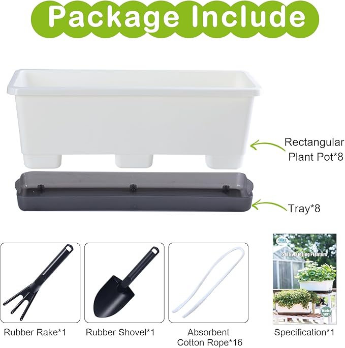 Window Box Planter 8 Pcs, 17 Inches Rectangle Flower Pots with Drainage Holes and Trays, Vegetable Planters for Windowsill Patio Garden Balcony Home Porch Yard Indoor Outdoor (White)