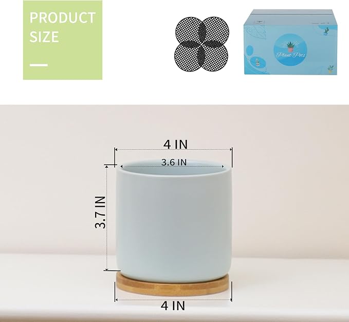 4 Inch Planters with Drainage Hole and Saucer, Small Ceramic Cylinder Plant Pot with Trays for Succulent, Aloe, Cactus & Herbs, Morandi Colors, Set of 4