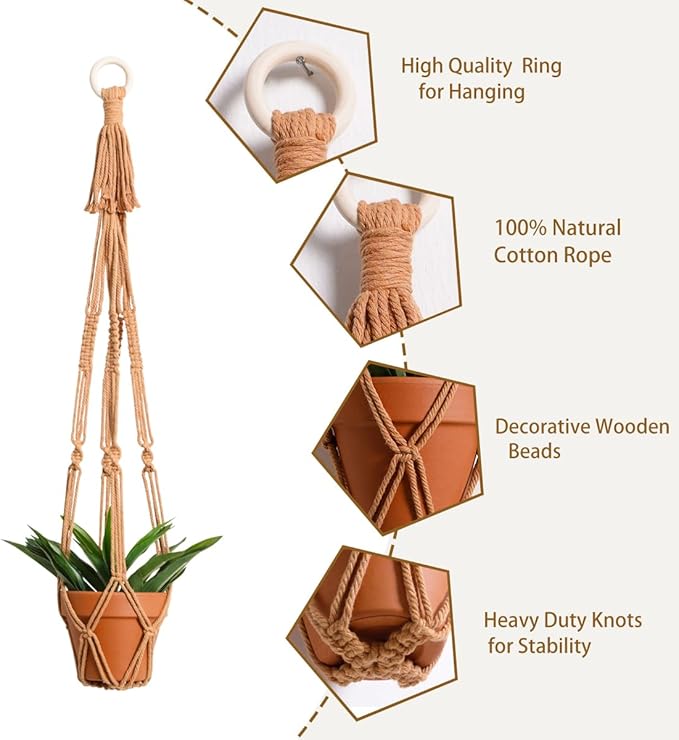 Artilady Plant Hanger Indoor Macrame Hanging Planters for Plants Holder Boho Brown Basket No Tassels Farmhouse Rustic Window Wall Decor