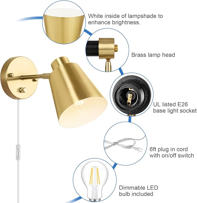VATONI Plug in Wall Sconces, Dimmable Wall Sconces Adjustable Angle Wall Lights - Image 4