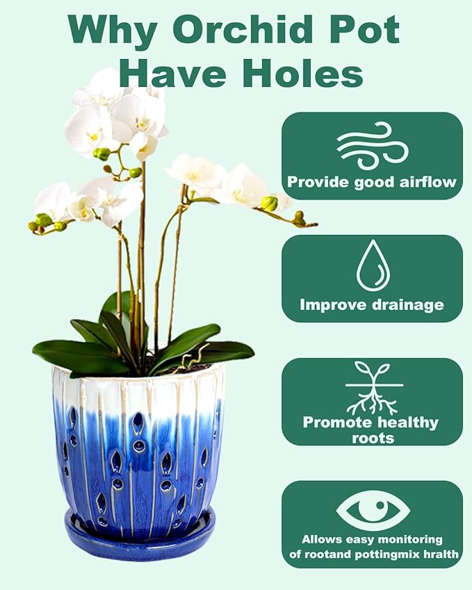 vensovo 6 Inch Ceramic Orchid Pot - Orchid Pot with Holes for Repotting, Ceramic Planter with Saucer for Indoor/Outdoor Plants, Blue