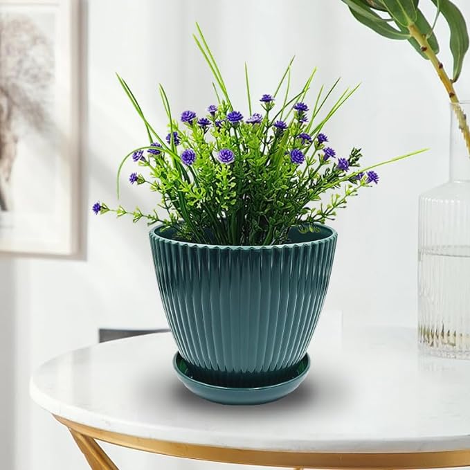 Plant Planters with Drainage Holes and Trays Pack of 6 Plant Pots Indoor and Outdoor Flowers Pots Different Size Plastic Pots, Dark Green