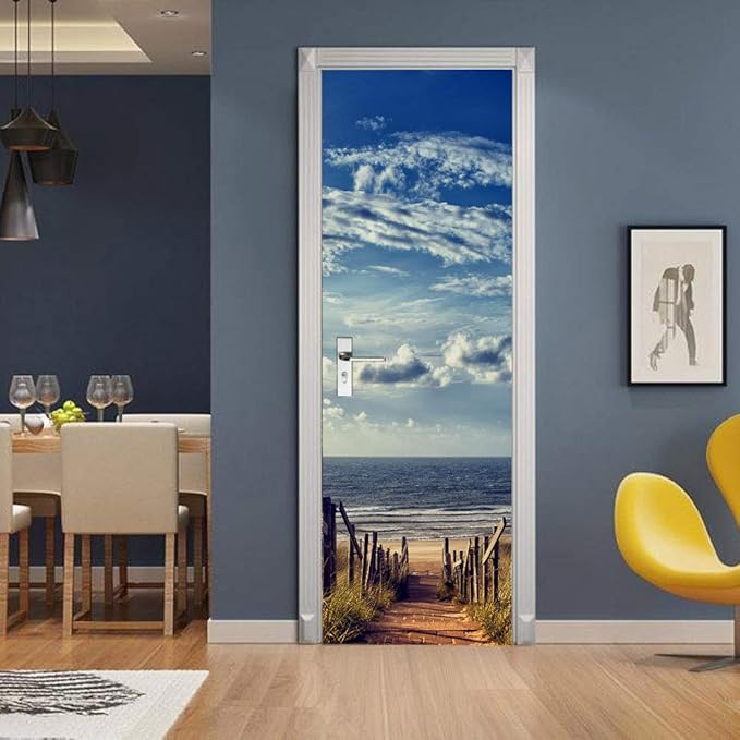 3D Door Wallpaper Self-Adhesive Door Poster - Road to The Beach - Door Film Photo Wallpaper Premium PVC Waterproof Door Sticker Wall Sticker for Bedroom Living Room Door Decoration Stickers 95 x 215