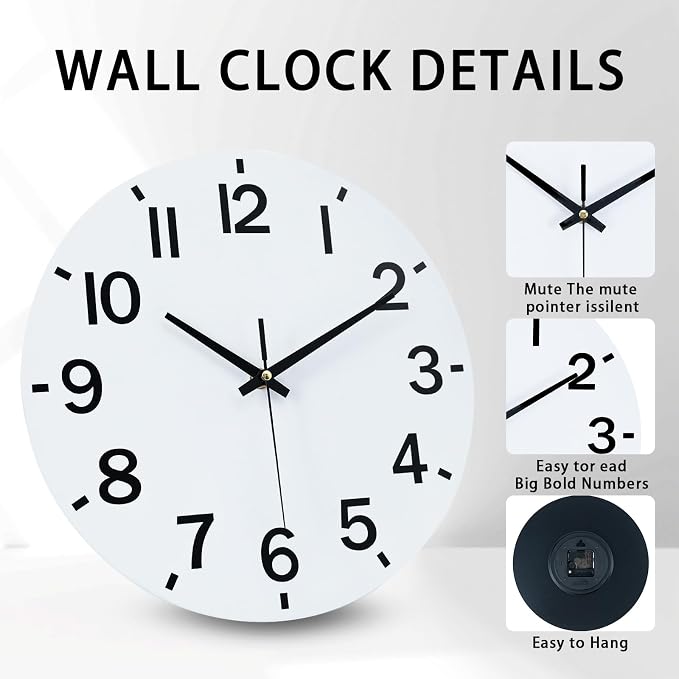 HZDHCLH Wall Clock 12 Inch Silent Non Ticking Wood Battery Operated White - Image 2