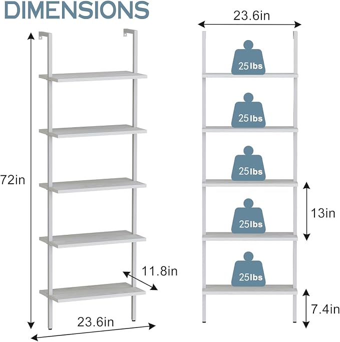 aboxoo Ladder Shelf White Wooden Bookshelf 5-Tier Wall-Mounted Open Wood Rack - Image 3
