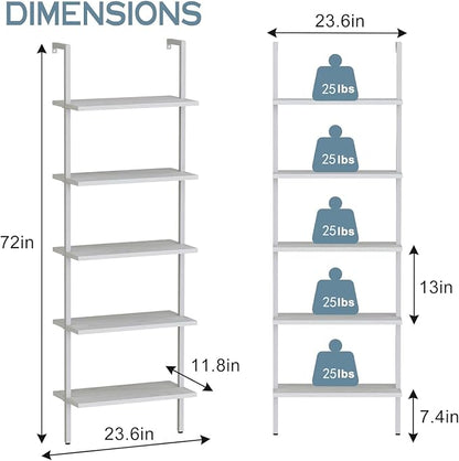 aboxoo Ladder Shelf White Wooden Bookshelf 5-Tier Wall-Mounted Open Wood Rack - Image 3