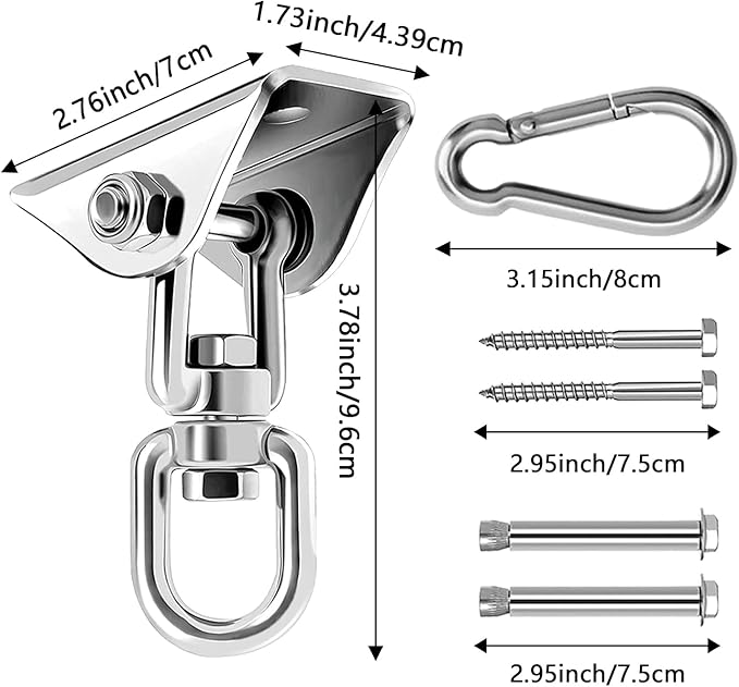 Heavy Duty Hammock Hanging Kit, 360° Rotating 1200 lb Swing Hangers for Hammock Chair Stand, Seat, Porch Swing, Yoga, Tree, Indoor Outdoor Hanging Hardware Sliver | Pack of 2