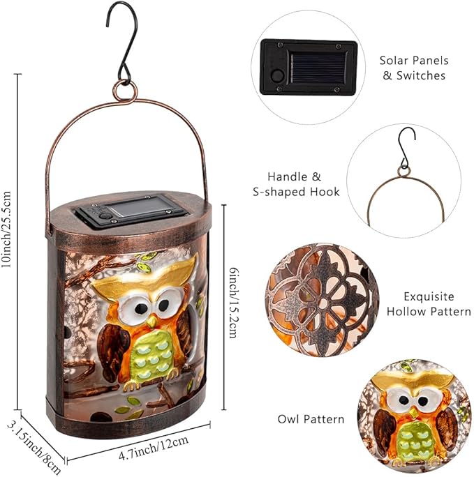 2 Pack Owl Solar Lanterns Outdoor Waterproof, Hanging Glass Solar Lantern with LED Light for Garden Yard