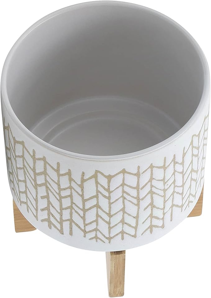 8" Ceramic Planter Stand, Ivory/Beige Chevron with Wooden Base, Indoor/Outdoor Planter with Stand for Your Succulents and Small Plants