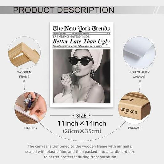 FuSatisYilife Trendy Newspaper Framed Posters Better Late Than Ugly Wall Art - Image 2