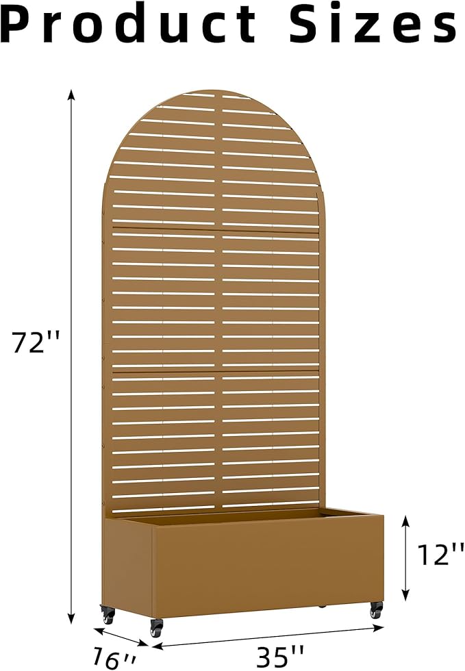 Casaphoria Metal Raised Garden Bed with Trellis and Wheels, 72"x35"x16" Arched Planter Box for Climbing Plants, Vegetables & Vines, Features Drainage Holes and Privacy Screen (Brown-Louvered)