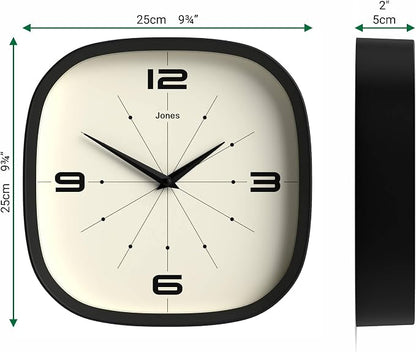 JONES CLOCKS® Pulsar wall Clock | Square Rounded Retro Clock | 10 inch | Black - Image 4