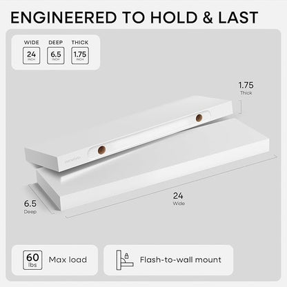 Homeforia White Floating Shelves 24 inch, High End Solid Real Wood 24inch - Image 2
