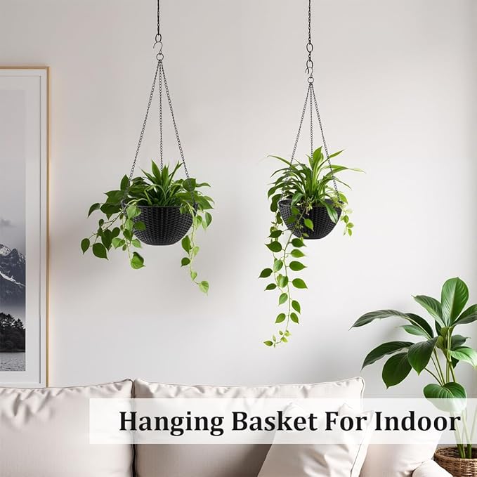 Hanging Planters for Indoor Outdoor Plants 8/10 Inch, 4 Packs Plant Hanger with Drainage Holes, Hanging Basket Flower Pot Perfect for Home, Office and Garden, Black