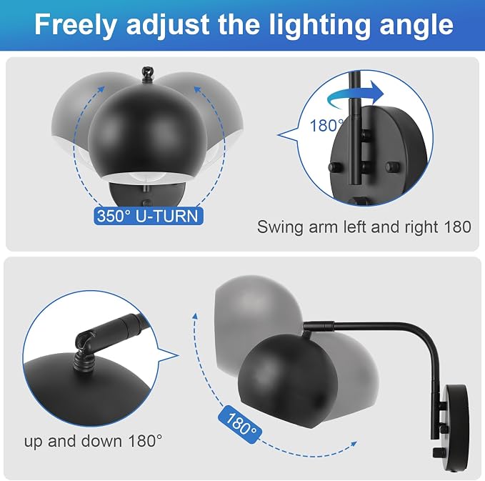VATONI Dimmable Wall Sconces Set of 2, Plug in Wall Sconces Swing Arm Wall - Image 4