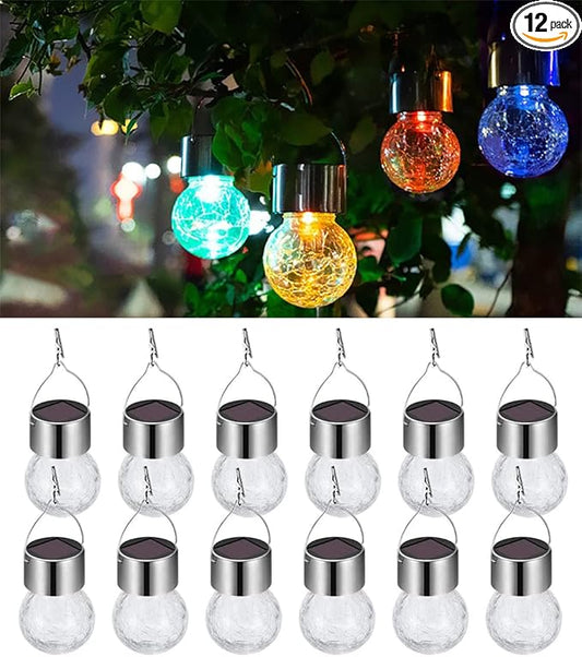 Hanging Solar Powered LED Light with 7 Color Auto-Changing, Cracked Glass Ball Light, Waterproof Outdoor Christmas Decorative Lantern for Garden, Yard, Patio, Lawn (Colorful, 12)