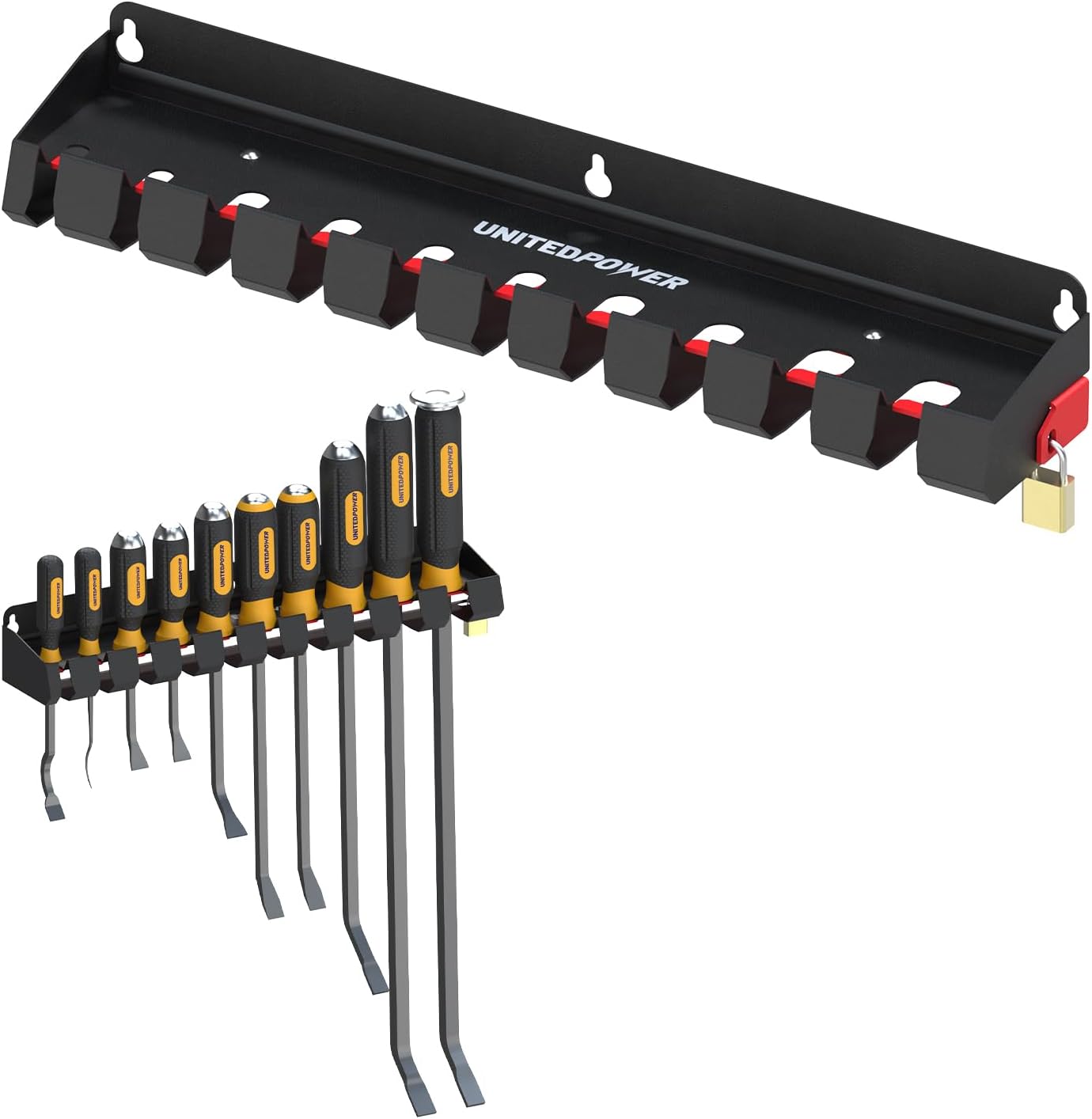 UNITEDPOWER Pry Bar Holder, Lockable Wall Mount Storage Rack Organizer for Workshop, Shed, Garage, Home, Stores up to 10 13 Tools or Extensions