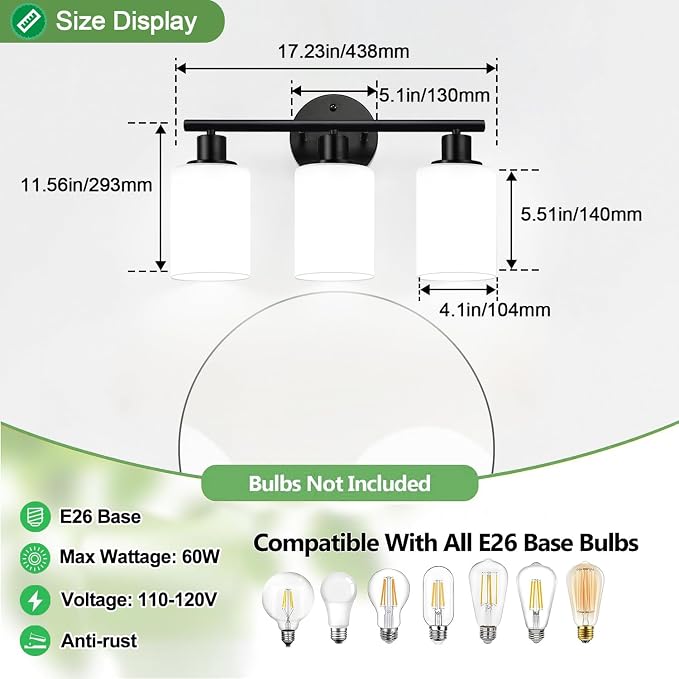 Zarbitta 3-Light Bathroom Light Fixtures, Bathroom Wall Lamp - Image 6