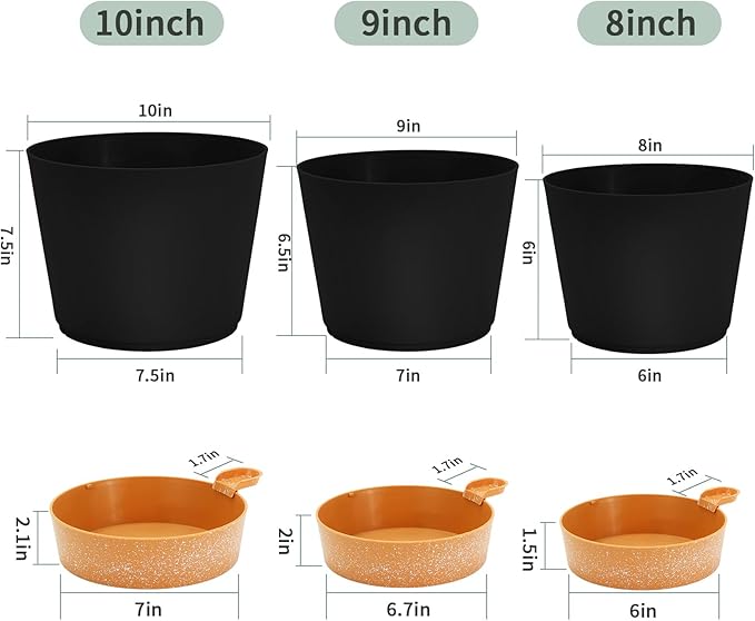 GARDIFE 10/9/8 inch Plant pots, planters for Indoor Plants, self Watering Plant Pot, Flower pots, Black