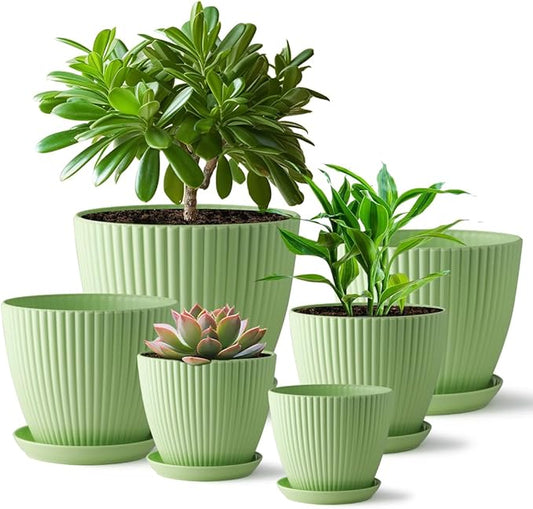 Plant Pots with Drainage Holes and Tray Saucer - 7.5/6.5/5.5/4.9/4.2/3.5 Inches Flower Pots - 6 Pack Thick and Sturdy Planters for Indoor Plants Such As Orchid, Succulent and Herbs, Green