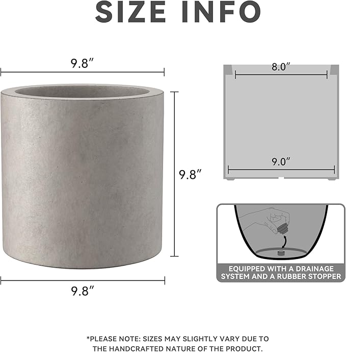 Kante 9.8" Dia Round Concrete Planter, Modern Style Large Cylindrical Plant Pot with Drainage Hole and Rubber Plug for Indoor Outdoor Patio, Weathered Concrete