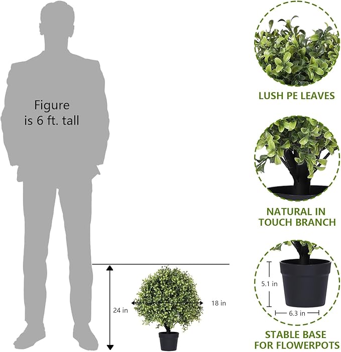 THE BLOOM TIMES 2ft Faux Boxwood Plants Outdoor Set of 2, Topiary Balls Artificial Outside Trees, 24" UV Resistant Fake Greenery Bushes & Shrubs for Front Porch Planter