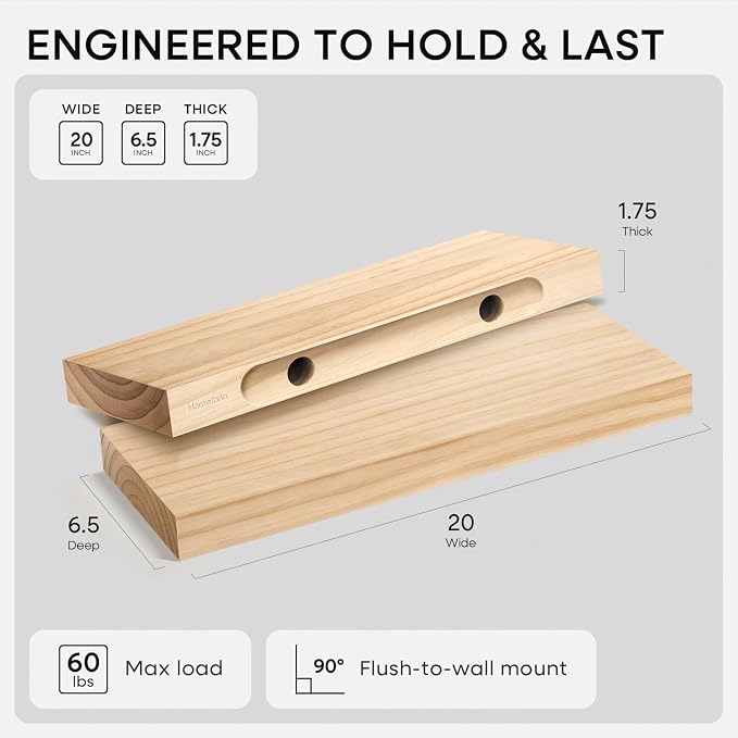 Homeforia 20 inch Natural Floating Shelf, High End Solid Real Wood 20inch Small - Image 2