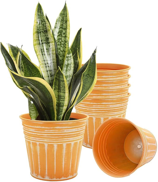 vensovo 7 Inches Orange Metal Rustic Flower Pots - 6 Pcs Medium Galvanized Planters with Drainage Hole and Rubber Plug, Rustproof Tin Bucket Plant Pot Farmhouse Vintage Style for Decor