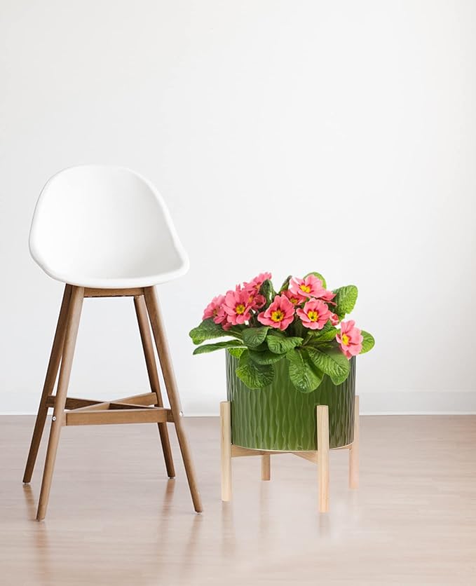 LaDoVita Ceramic Plant Pot with Stand, 10 Inch Planter with Wood Shelf, Modern Round Flower Pots Indoor with Wood Planter Holder, Dark Green Water Ripple Pattern