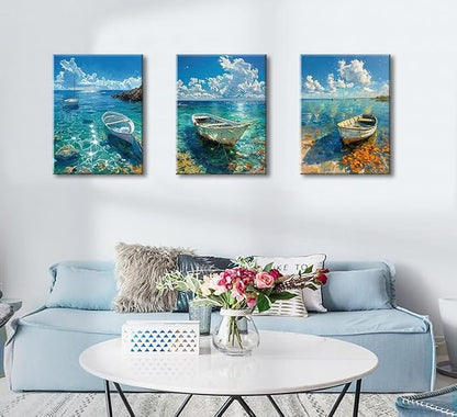 Ocean Seascape Wall Art Nautical Boat on Beach Canvas Picture Framed Art - Image 8