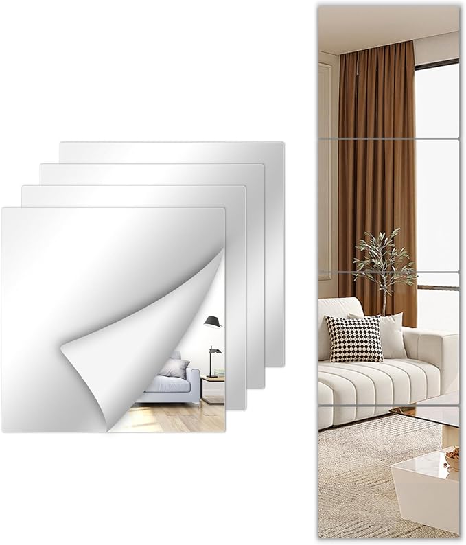 Stick on Small Mirror for Wall Decor, 4 Pack 11.7”x11.7” Acrylic Mirror Tiles by SAFEE+MRROR