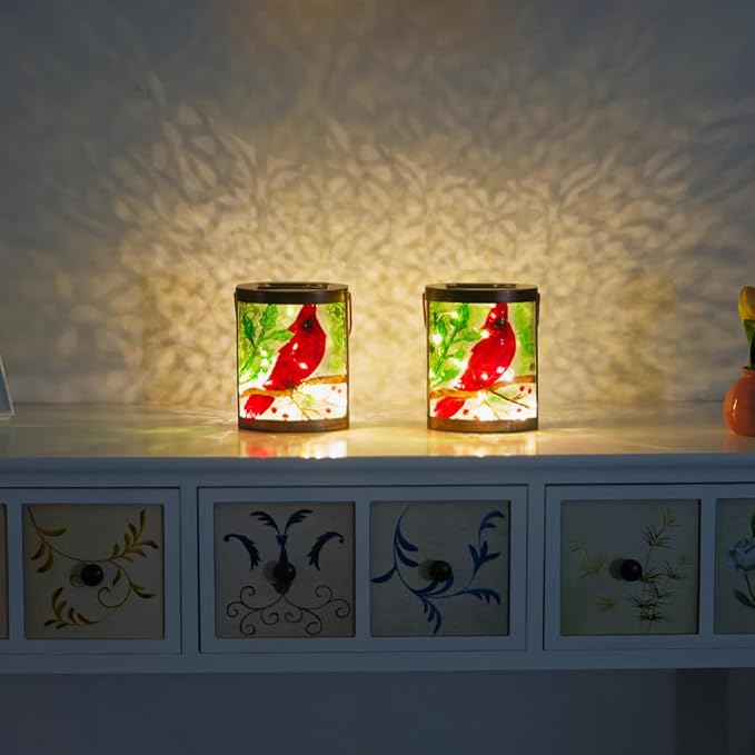 2 Pack Cardinal Solar Lanterns Outdoor Waterproof LED Light Hanging Solar Lantern Glass Tabletop Lamp for Patio Garden