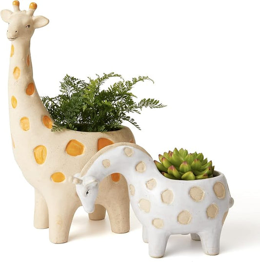 LA JOLIE MUSE Ceramic Giraffe Succulent Planter Animal Plant Pots - 11.4 + 4.9 Inch Tall Cute Rough Pottery Indoor Flower Pots, Home Decor