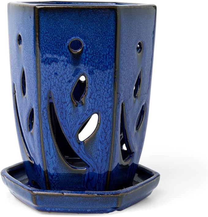 rePotme 4 x 6 inch Hexagon Ceramic Orchid Pot with Holes (Midnight Blue) - Ideal Plant Pot for Repotting Orchids and Other Flowers - Indoor/Outdoor