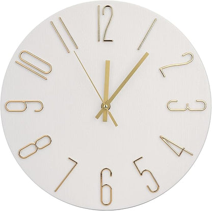 Wall Clock 12 Inch Silent Non-Ticking Imitation Wood Indoor Clock Round White by BAKBRAND
