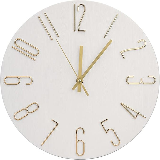 Wall Clock 12 Inch Silent Non-Ticking Imitation Wood Indoor Clock Round White by BAKBRAND