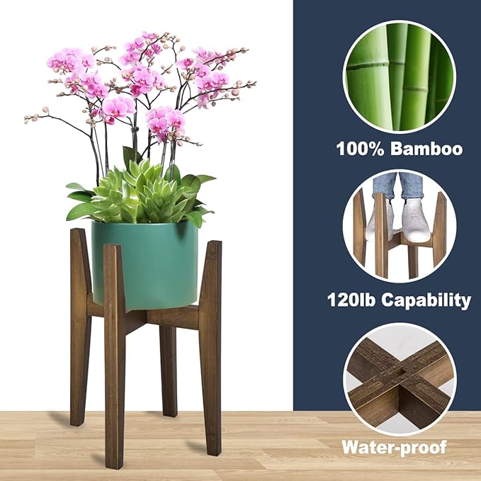 OERGKE 2 PACK Adjustable Plant Stand Indoor, Bamboo Mid Century Modern Plants Stands, Corner Flower Holder for Living Room, Fits 8 to 12 Inches Pots, (Pot & Plant Not Included)(Walnut)