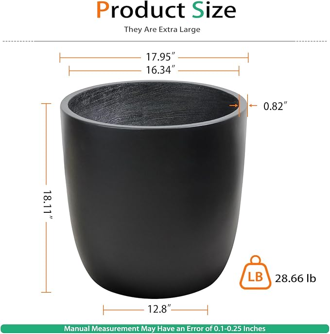 Concrete Planter Outdoor Indoor, Large Cement Plant Pots for Trees Flowers (Black, 18 inch)
