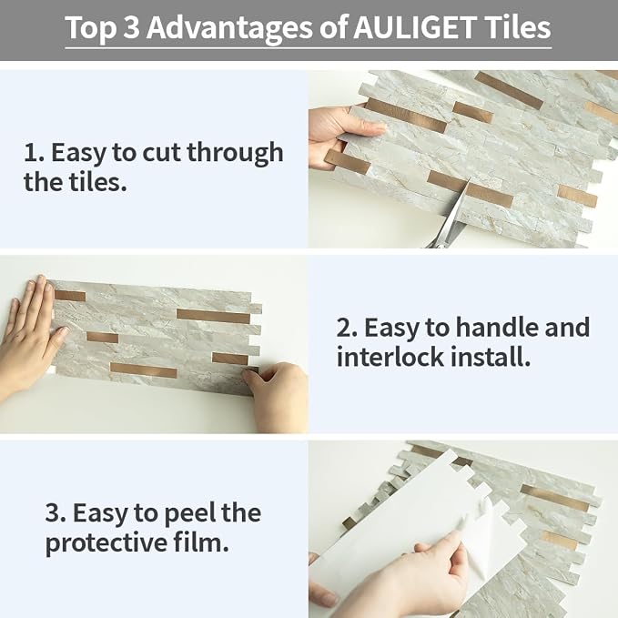 AULIGET 2 Sheets Faux Stone Peel and Stick Backsplash, Light Brown Marble Look - Image 7