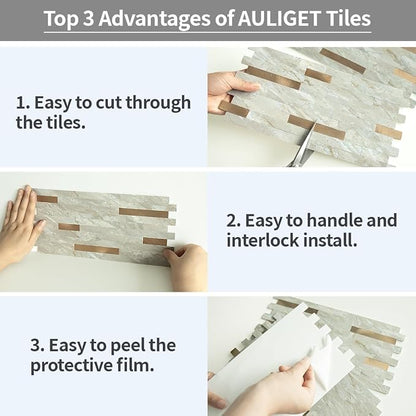 AULIGET 2 Sheets Faux Stone Peel and Stick Backsplash, Light Brown Marble Look - Image 7