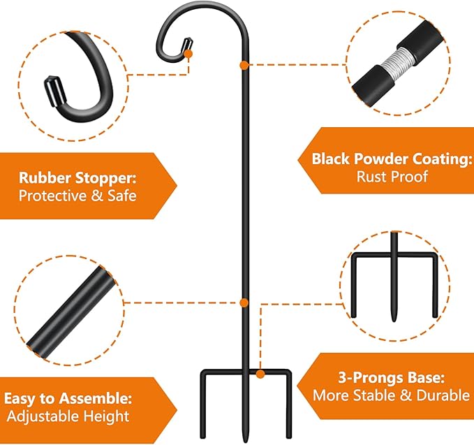 Gtongoko 8 Pack Shepherds Hooks for Outdoor 32 Inch Garden Hooks for Hanging Plants, Lanterns, Bird Feeders, Solar Lights, Mason Jars, Weddings Decor, Adjustable, Matte Black