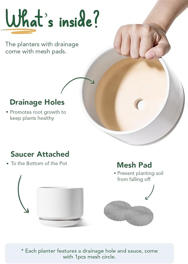 LE TAUCI Ceramic Plant Pots, 4.3+5.3+6.8 inch, Set of 3, Planters with Drainage Hole and Saucer, Indoor Flower Pot with Hole Mesh Pad, Gifts for Mom, White