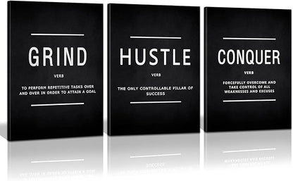 KAWAHONE Inspiration Canvas Wall Art Large, Grind Hustle Conquer Quotes Poster by KAWAHONE