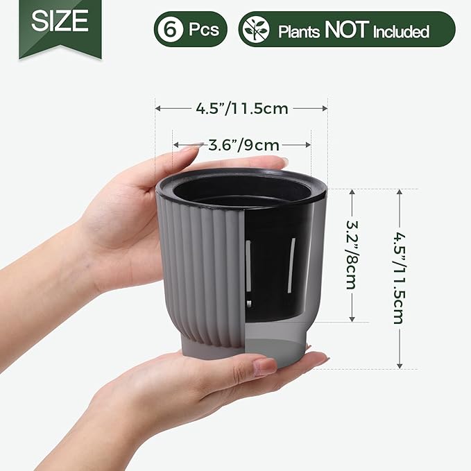 T4U 4.5 Inch Self Watering Pots for Indoor Plants, 6 Pack Gray Plastic Flower Pots for All House Plants, Flowers, African Violets