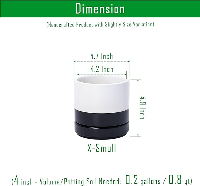 D'vine Dev 4.6 Inch Ceramic Planter Pot with Drainage Hole and Saucer, Indoor Cylinder Round Planter Pot, Layered Monochrome Black & White, 94-O-B-L