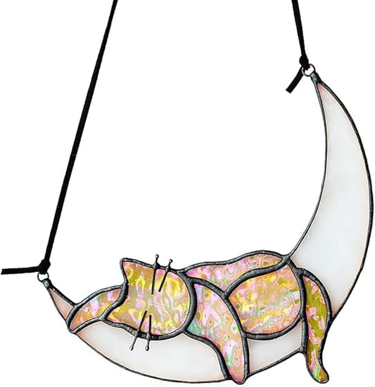 HDCRYSTALGIFTS Orange Cat On Moon Stained Glass Window Hangings,Tabby Cat Decoration suncatcher Hanging Ornament Gift for Mom,Cat Memorial Gifts for Cat Lovers, Pet Loss Sympathy Gift