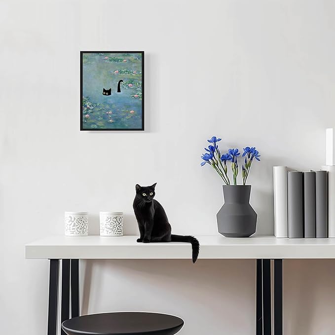 Hamduker Funny Black Cat Wall Art, Monet Art Water Lily Cat Wall Art Decor - Image 3
