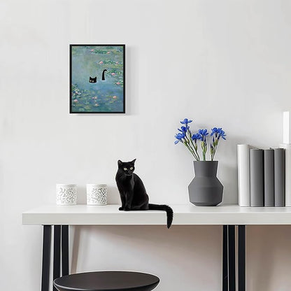 Hamduker Funny Black Cat Wall Art, Monet Art Water Lily Cat Wall Art Decor - Image 3
